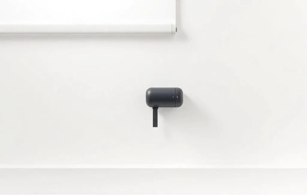 Cassette de persiana motorizada gris mate con una lama descendente sobre fondo blanco, mostrando eficiencia en diseño. Cual es el sistema de motorizacion de persianas mas eficiente para locales.