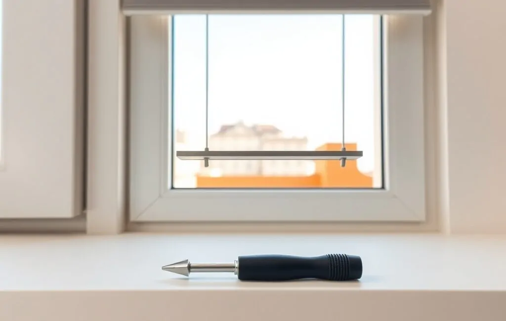 Persiana geométrica con una lamas suspendida, destornillador negro al lado; ventana muestra cielo azul de Barcelona. Cuales son los servicios mas recomendados para la reparacion de persianas en Barcelona.