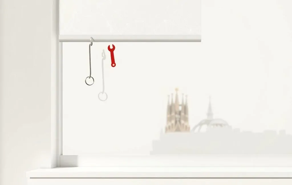 Panel de persiana con una lamas caída, pin rojo y sombra, evocando "Donde puedo contratar un servicio urgente de reparacion de persianas en Barcelona".