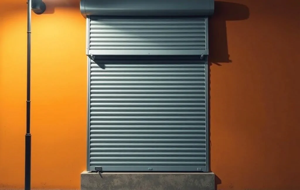 Persiana de seguridad cerrada en un fondo ocre, con sombras profundas y líneas geométricas, ideal para garantizar la seguridad.