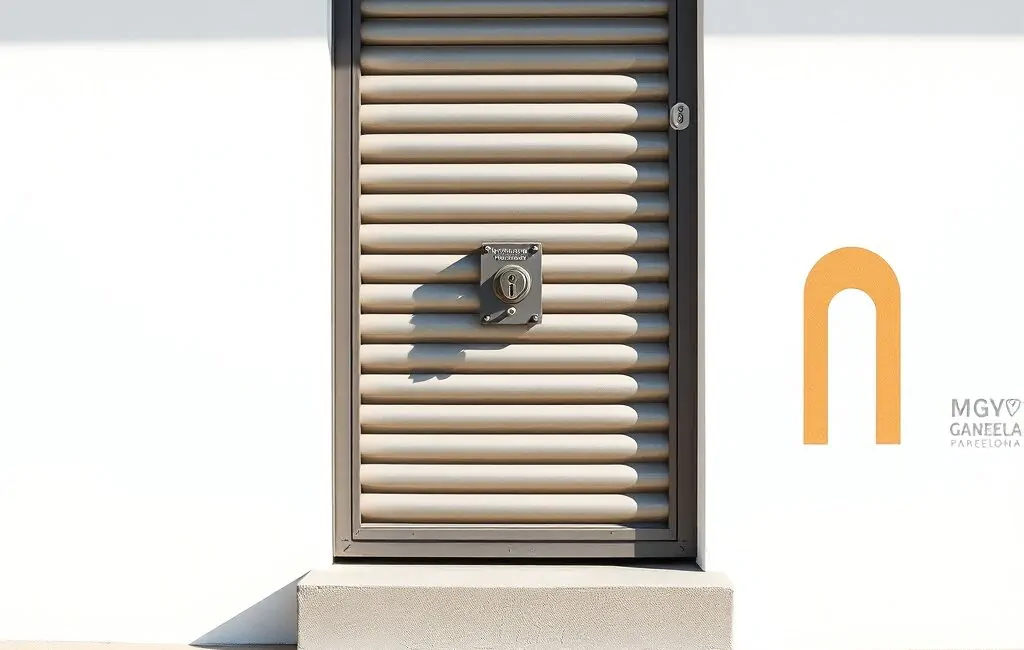 Panel de persiana metálica con cerradura en un fondo neutro; ideal para saber dónde puedo instalar cerraduras de seguridad en persianas metalicas en Barcelona.
