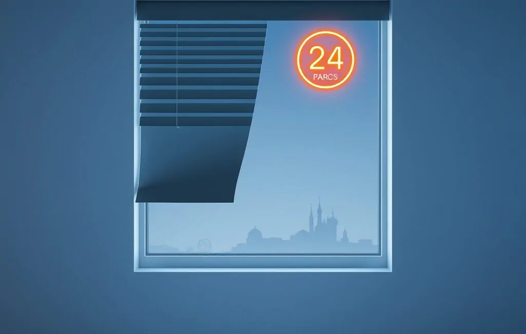 Ventana rectangular con persiana gris, una lamas doblada; fondo de Barcelona. Busca servicios de reparacion de persianas con atencion 24 horas en Barcelona.