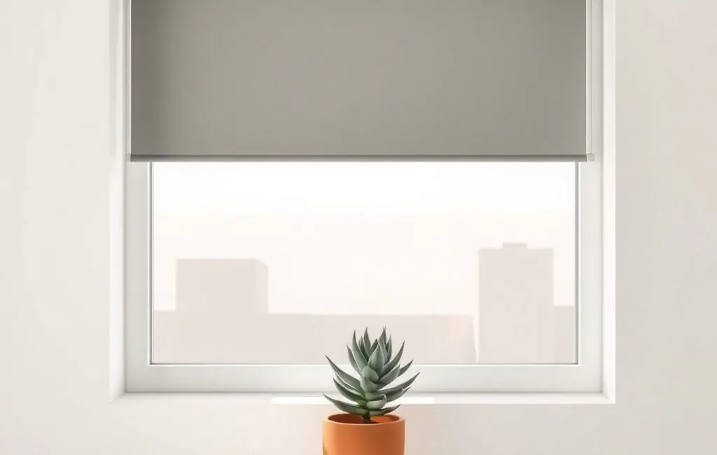 Composición minimalista con persiana gris en ventana, maceta terracota y skyline suave; ideal para buscar servicios de reparación.