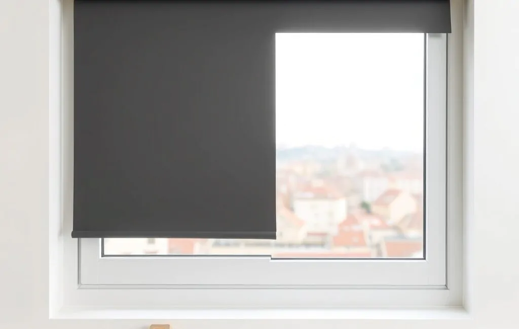 Persiana automática gris mate a medio bajar en ventana blanca, con control remoto beige; busca "Donde puedo contratar un servicio de instalacion de persianas automaticas en Hospitalet".