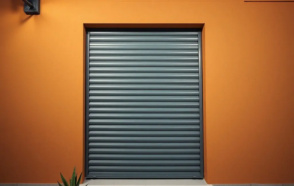 Persiana de seguridad metálica en un muro de estuco ocre, con un umbral de azulejos y una suculenta; ambiente nocturno. Que empresas ofrecen las mejores soluciones de persianas de seguridad en Barcelona.