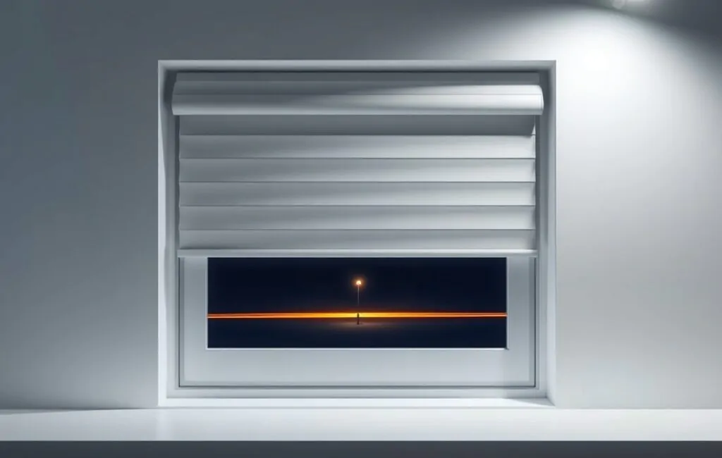 Persiana geométrica rota en ventana, iluminada por farola; sugiere urgencia. Que empresas en Barcelona ofrecen servicios 24 horas para reparacion de persianas.