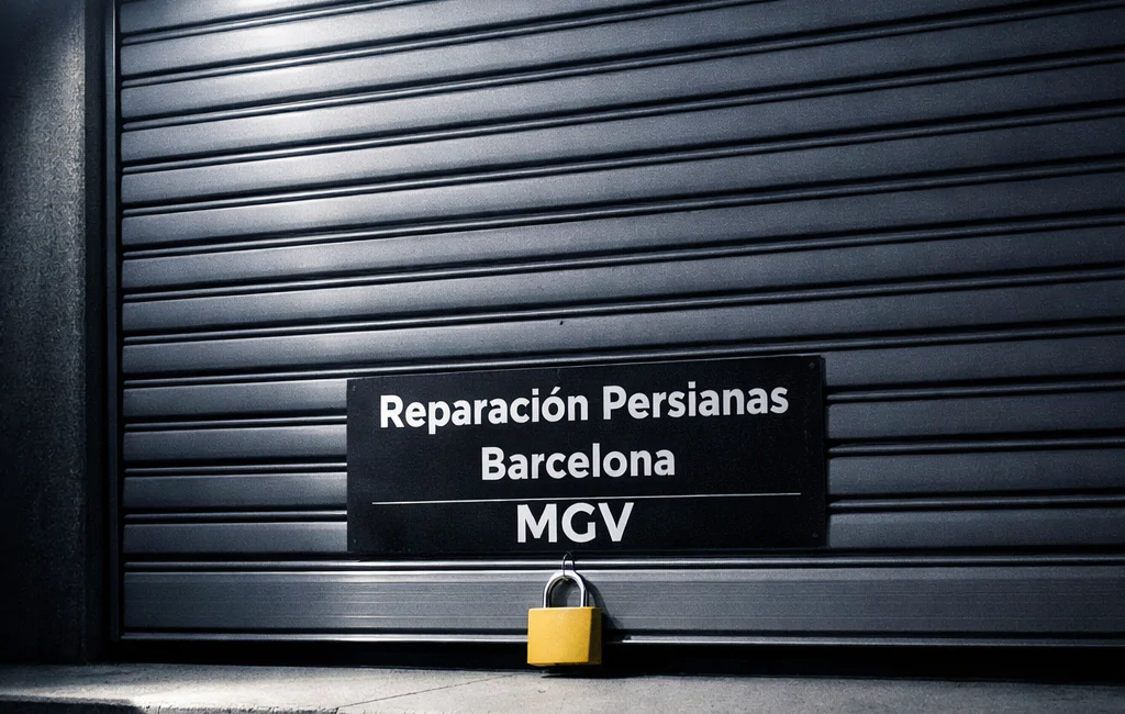 Persiana de seguridad metálica con un candado amarillo, iluminada por una farola, evoca vigilancia en Barcelona.