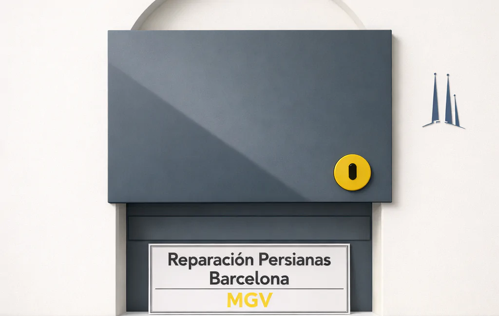 Composición minimalista con persiana de seguridad gris y sombra diagonal, evoca seguridad; ideal para "Que companias ofrecen instalacion rapida de persianas de seguridad en Barcelona".