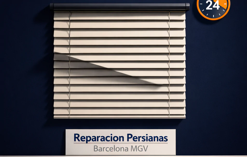 Panel de ventana geométrico en fondo azul marino, con persiana y reloj 24 horas; ideal para empresas en Barcelona que ofrecen servicio 24 horas para reparación de persianas.