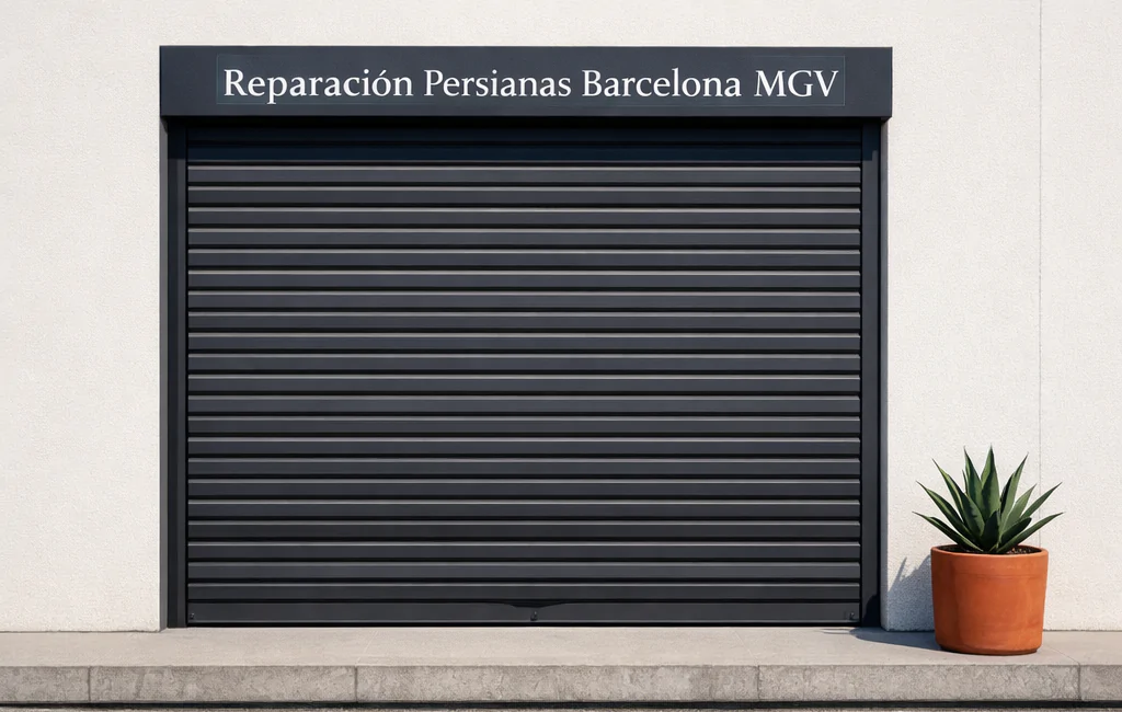 Persiana de seguridad metálica en un escaparate minimalista; pregunta: "Donde puedo comprar persianas de seguridad para mi local en Barcelona".