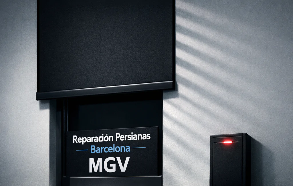 Persiana automática negra en una ventana de oficina, con un panel de acceso rojo; ideal para seguridad de locales.