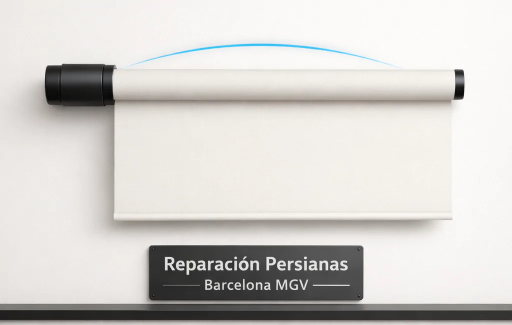 Persiana motorizada geométrica en un fondo blanco, destacando la eficiencia de los servicios de motorización para tiendas.