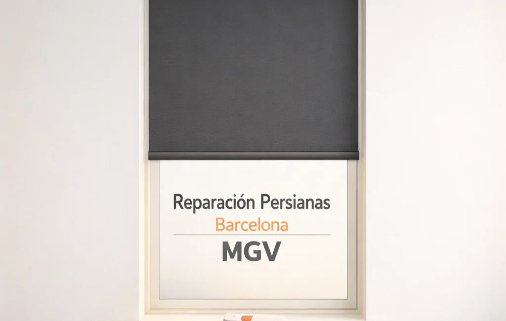 Ventana rectangular con persiana motorizada en gris y control remoto en un entorno minimalista; ideal para instalación en Barcelona.