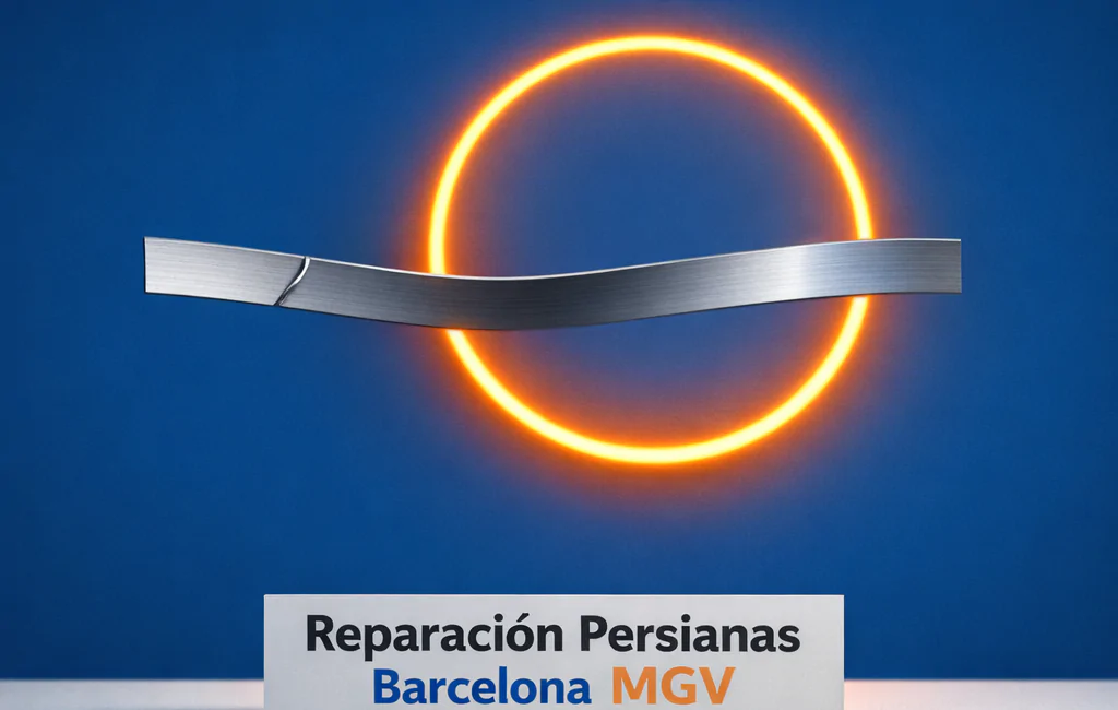 Vignette minimalista con una persiana de aluminio y un disco de neón ámbar, simbolizando "Encuentra el mejor servicio de reparacion de persianas metalicas en Barcelona disponible 24 horas".