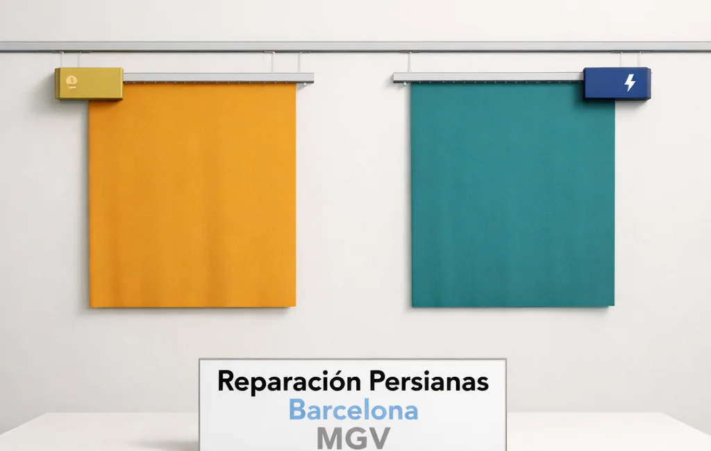 Estudio minimalista que compara sistemas de motorización de persianas en cuanto a coste y eficiencia, con paneles geométricos.