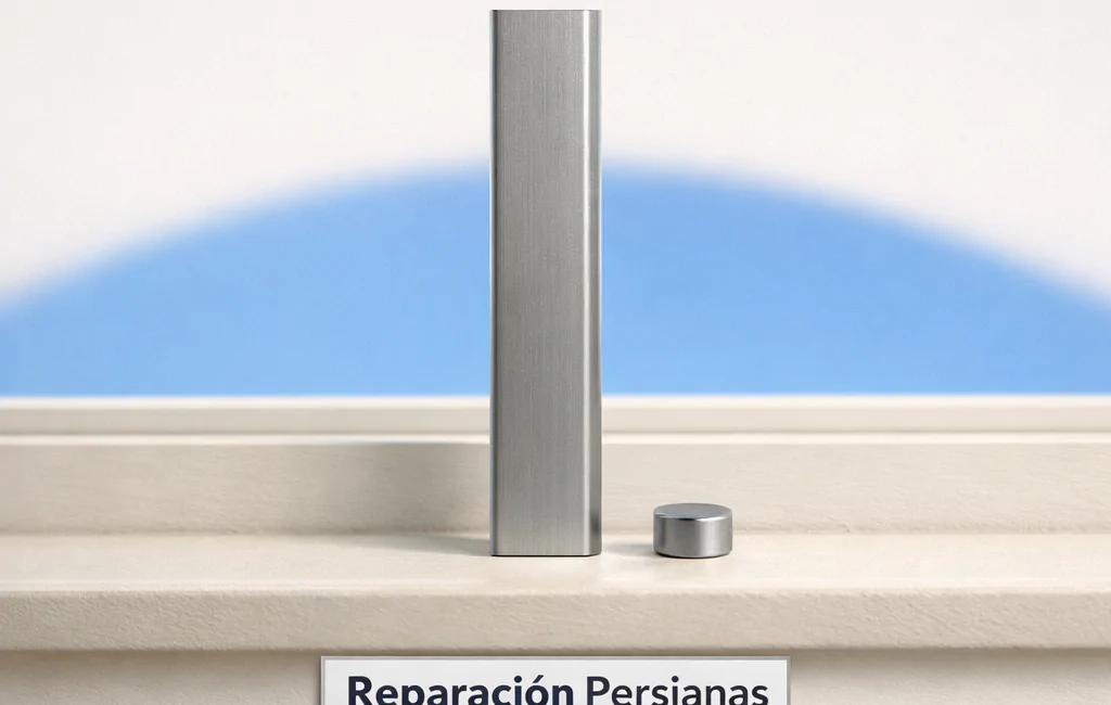 Una lamas de persiana de aluminio con un tapón metálico en un alféizar blanco, evocando opciones más efectivas para la reparación de persianas metálicas en Barcelona.