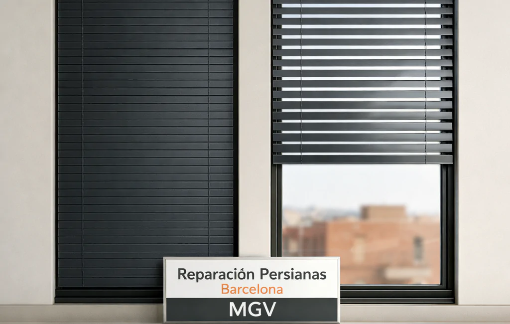 Estudio minimalista de dos ventanas con persianas metálicas, ideal para mejores opciones para la instalación de persianas metálicas en locales comerciales en Barcelona.