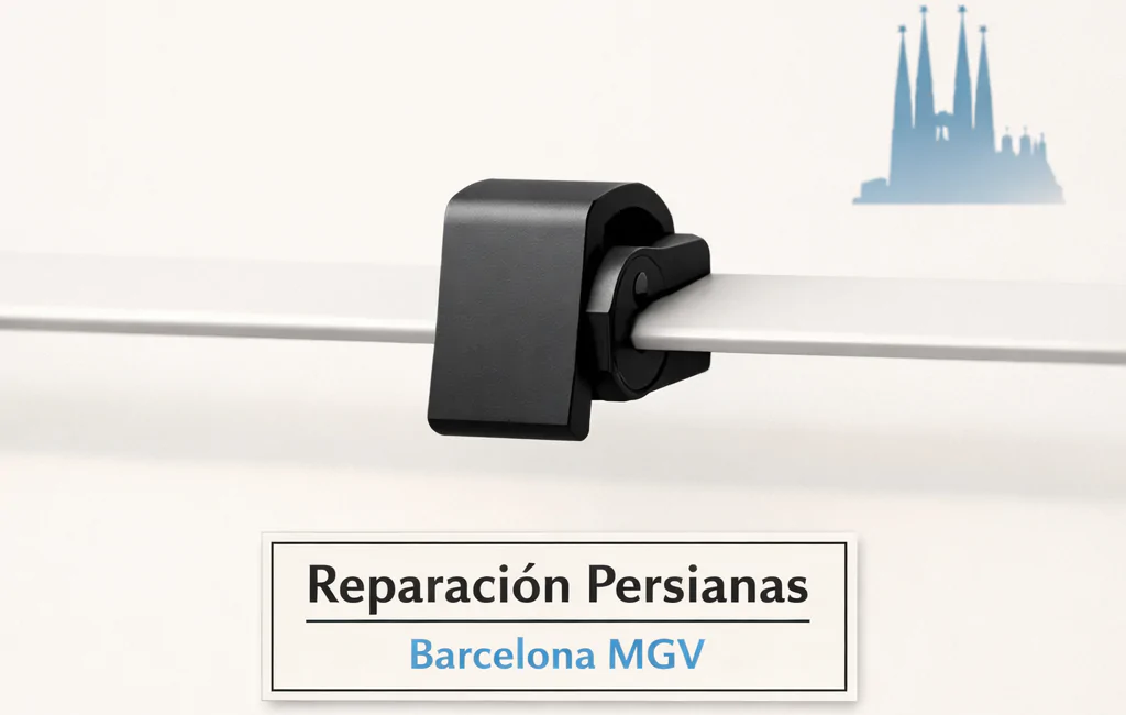Un clamp de seguridad negro mate en una persiana, con la Sagrada Família de fondo; ideal para explorar "Cuales son las mejores cerraduras de seguridad para persianas disponibles en Barcelona".