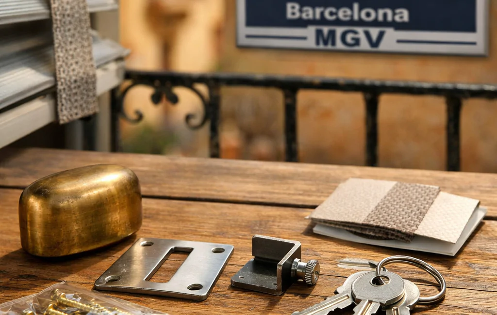 Mesa de balcón con kit de hardware, luz cálida y fondo desenfocado de Barcelona, ideal para adquirir cerraduras de seguridad.