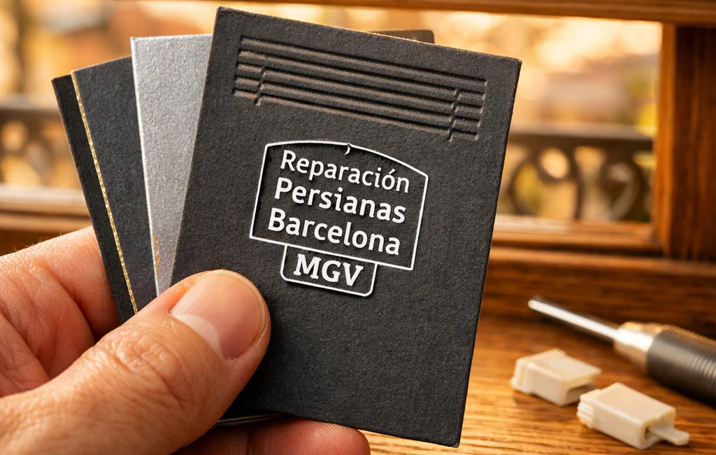 Una mano presenta tarjetas de negocio texturizadas, sugiriendo "Cuales son las mejores empresas de reparacion de persianas en Barcelona".