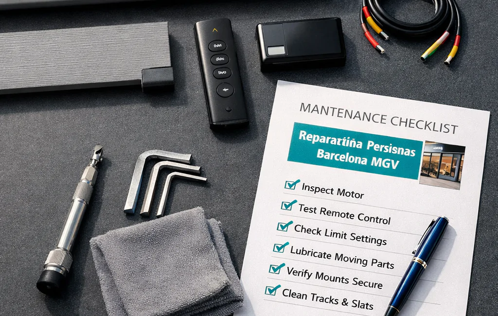 Vista cenital de un kit de mantenimiento de persianas motorizadas, mostrando herramientas y checklist sobre un banco oscuro. Como funciona la motorizacion de persianas en locales comerciales.