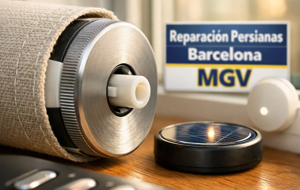 Primer plano de un motor de persiana motorizada, con opciones de control y un ambiente cálido; Cuales son las opciones mas efectivas para la motorizacion de persianas.