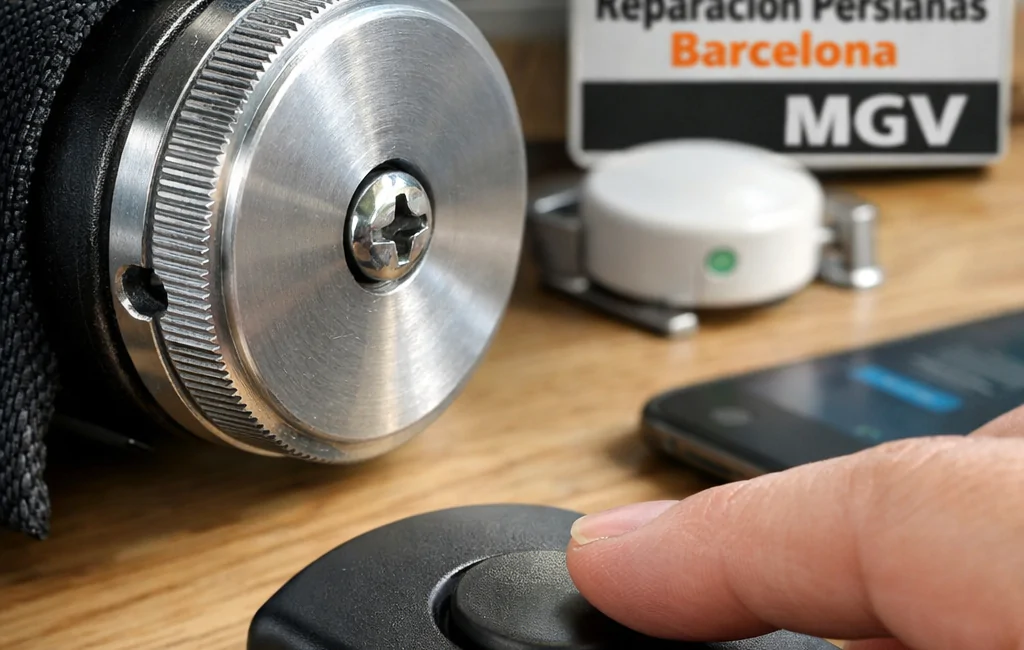 Primer plano de un motor de persiana motorizada y control remoto, mostrando detalles mecánicos y texturas. Cuales son los mejores sistemas de motorizacion para persianas.