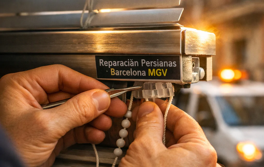 Técnico repara persianas con destornillador en mano, luz dorada resalta el aluminio, en Barcelona. Servicios de reparación disponibles las 24 horas.
