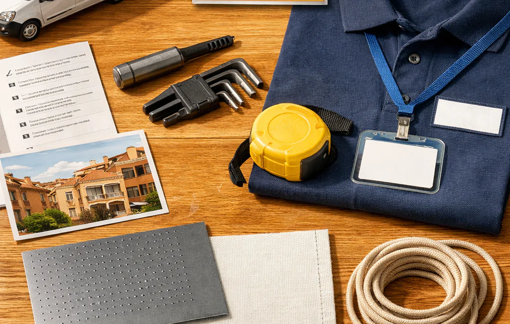 Un plano cenital de una mesa de roble muestra muestras de persianas y herramientas, con un modelo de furgoneta y un folleto sobre "Que servicios de reparacion de persianas estan disponibles las 24 horas en Barcelona".