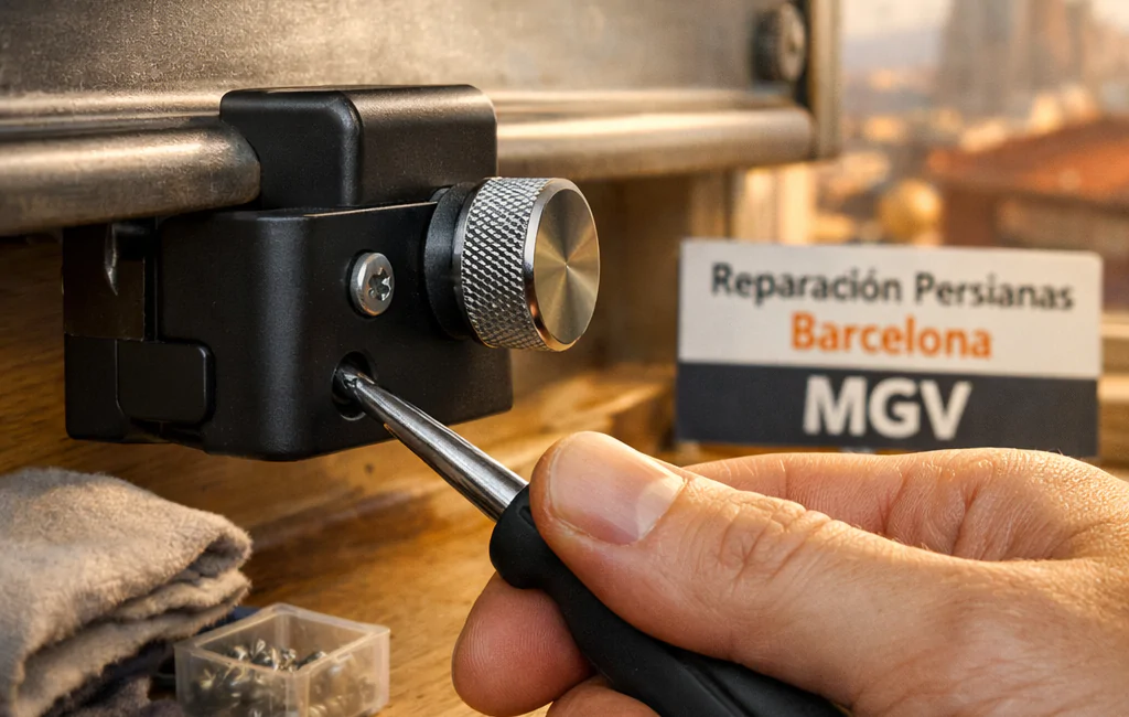 Fotografía macro de un clamp de seguridad negro en una persiana, con luz suave de tarde en Barcelona. Donde puedo encontrar cerraduras de seguridad para persianas con instalacion en Barcelona.