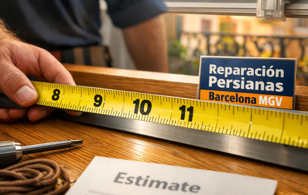 Primer plano de una cinta métrica amarilla en un alféizar de ventana, capturando un momento de medición en Barcelona. Donde puedo obtener un presupuesto sin compromiso para reparación de persianas en Barcelona.