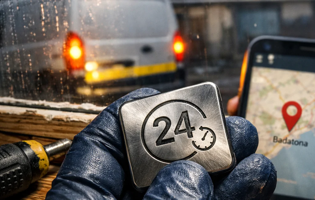 Primer plano de un técnico sosteniendo un llavero de acero con "24", mientras busca un servicio 24 horas para reparación de persianas en Badalona.