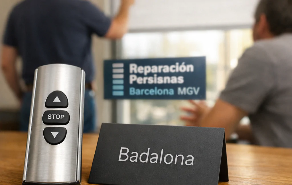 Control remoto de persianas y tarjeta de visita en mesa de madera, mientras un instalador consulta sobre servicios en Badalona.