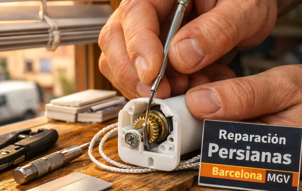 Técnico repara persianas en Badalona, usando un destornillador en un mecanismo con luz suave y cálida.