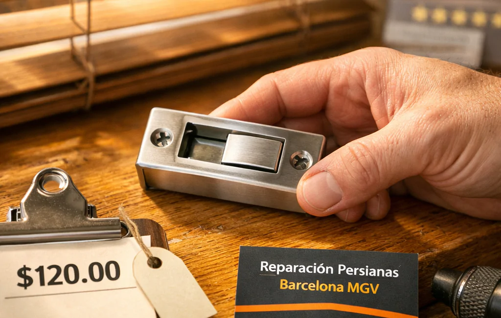 Primer plano de una mano sosteniendo un pestillo de acero en una ventana, con un aviso de precio: "Donde puedo contratar un servicio economico de cierre de seguridad para persianas".