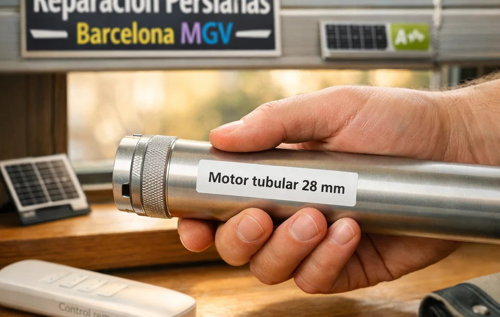 Un brazo sostiene un motor tubular frente a una persiana, sugiriendo alternativas para la motorizacion de persianas en Barcelona.